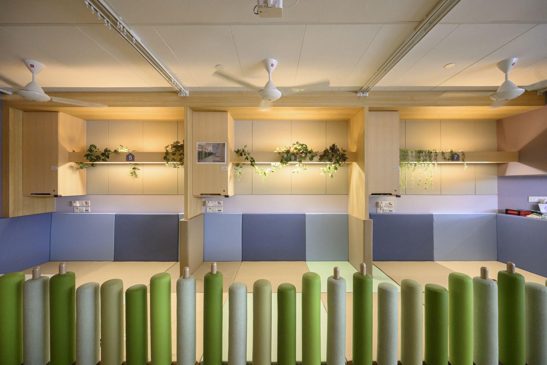 The new ward with soft green bolster dividers along the floor