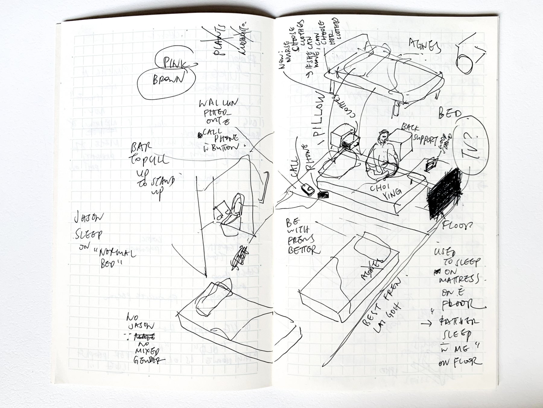 Notebook spread: sketches of how residents prefer to sleep and rest