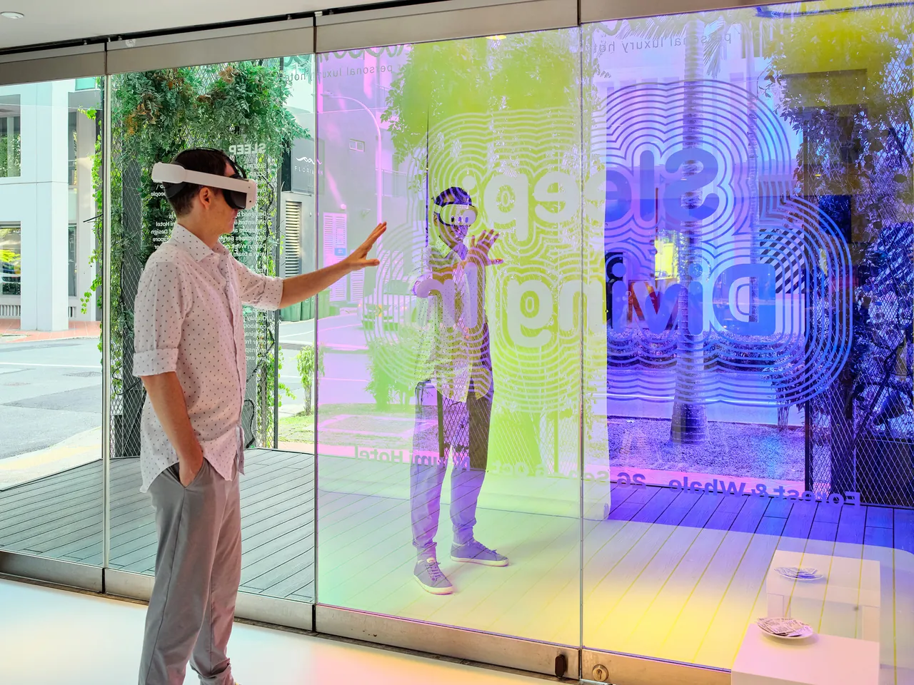 A visitor wearing a VR headset in the SLEEP: Less installation